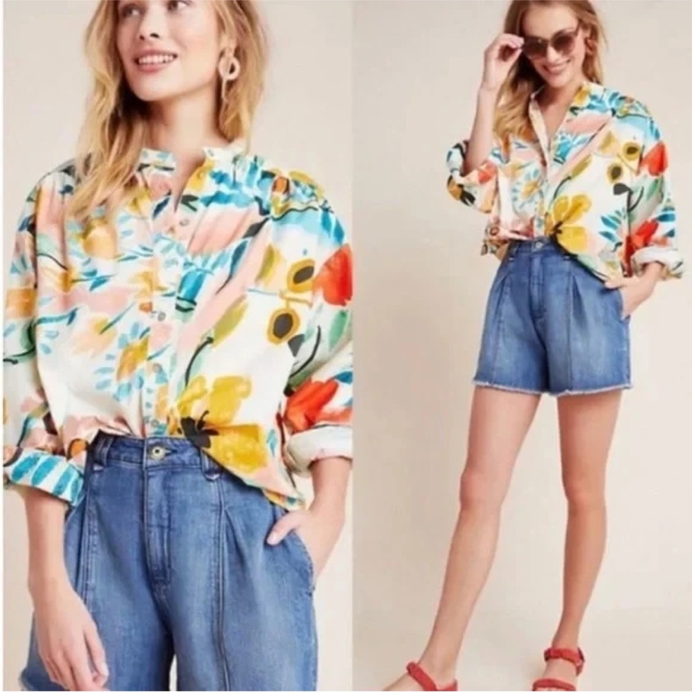 ANTHROPOLGIE Crisanta‎ Floral Poplin Button Down Blouse Top XS EUC